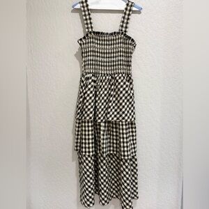 Black & Cream Gingham Smocked Cottagecore Midi Dress